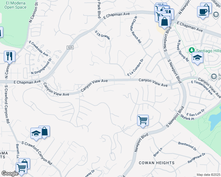 map of restaurants, bars, coffee shops, grocery stores, and more near 6813 East Canyon Ridge in Orange