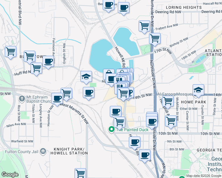 map of restaurants, bars, coffee shops, grocery stores, and more near 790 Huff Road Northwest in Atlanta