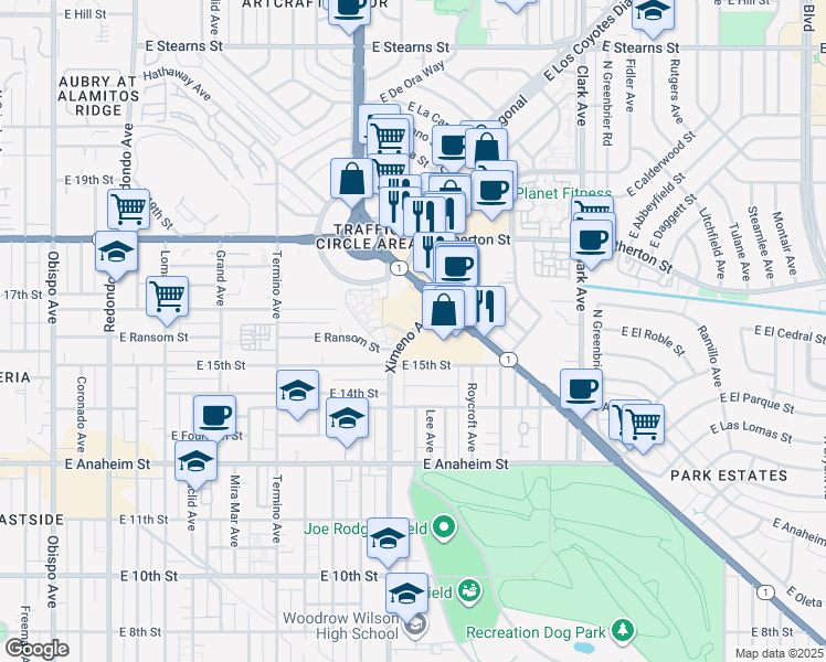 map of restaurants, bars, coffee shops, grocery stores, and more near 1619 Ximeno Avenue in Long Beach