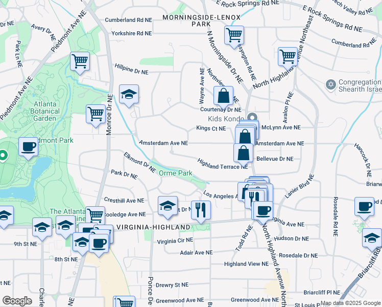 map of restaurants, bars, coffee shops, grocery stores, and more near 820 Highland Terrace Northeast in Atlanta
