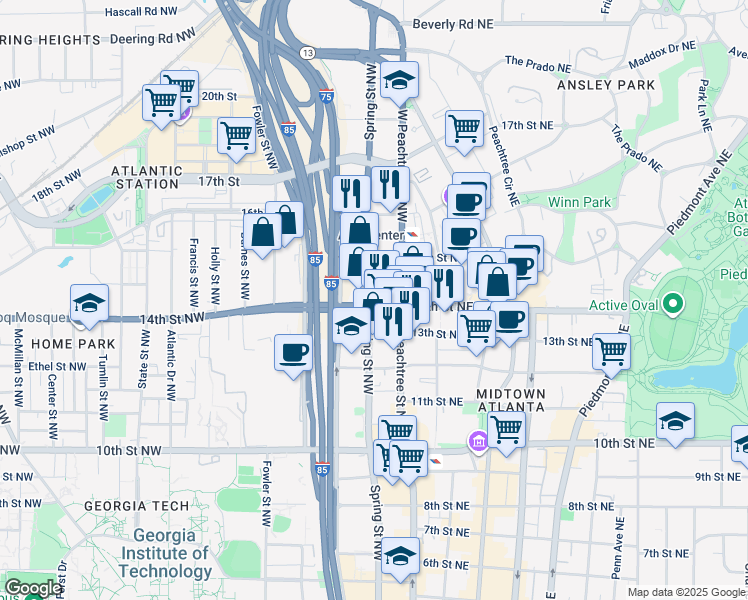 map of restaurants, bars, coffee shops, grocery stores, and more near 53 U.S. 19 in Atlanta