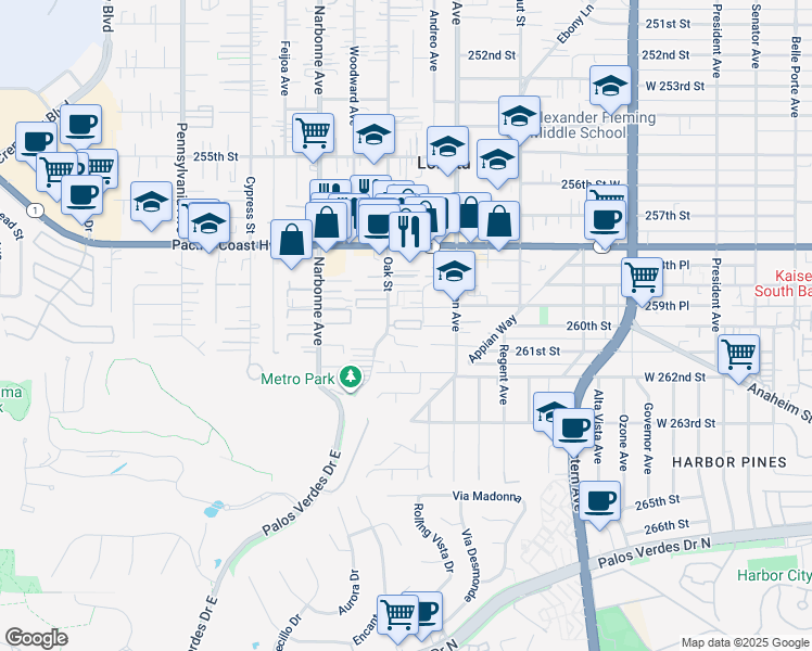 map of restaurants, bars, coffee shops, grocery stores, and more near 1/2 Lomita Boulevard in Lomita