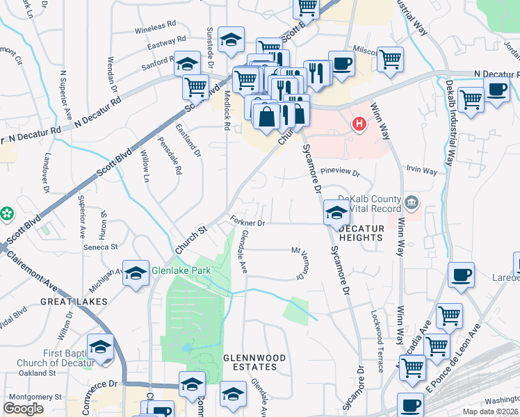 map of restaurants, bars, coffee shops, grocery stores, and more near 21 Old Decatur Circle in Decatur