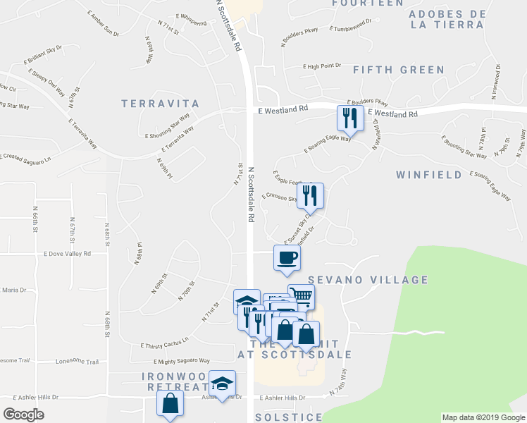 map of restaurants, bars, coffee shops, grocery stores, and more near 35070 North 72nd Place in Scottsdale