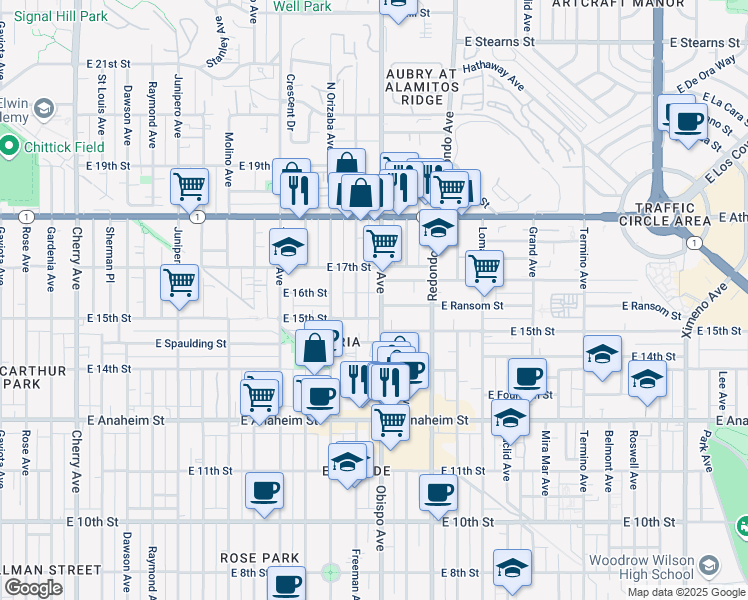 map of restaurants, bars, coffee shops, grocery stores, and more near 1535 Obispo Avenue in Long Beach