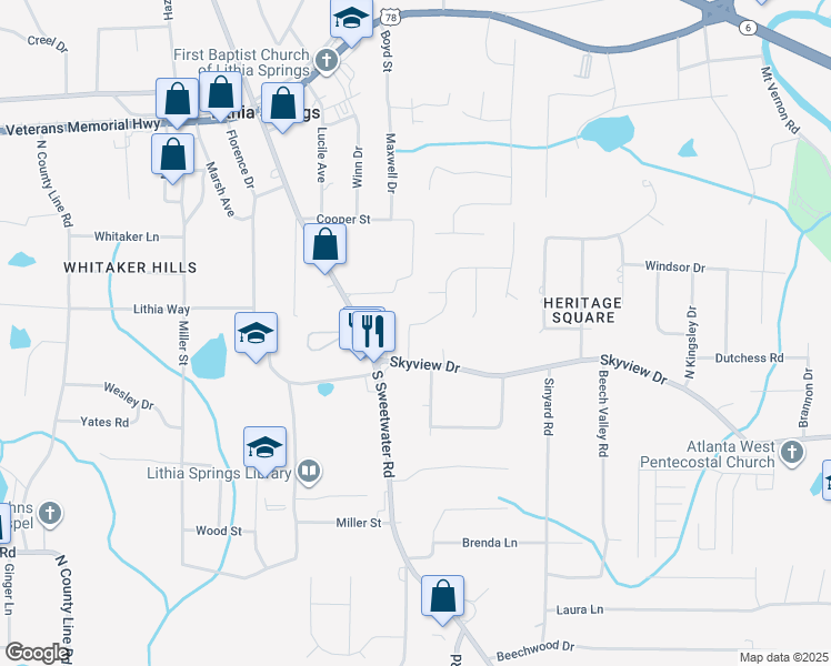 map of restaurants, bars, coffee shops, grocery stores, and more near 2451 Skyline Ridge Drive in Lithia Springs