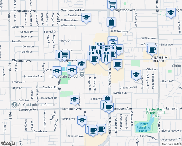 map of restaurants, bars, coffee shops, grocery stores, and more near 12291 Hampton Avenue in Garden Grove