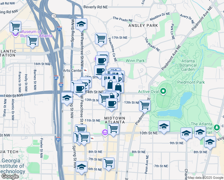 map of restaurants, bars, coffee shops, grocery stores, and more near 1180 Peachtree Street Northeast in Atlanta
