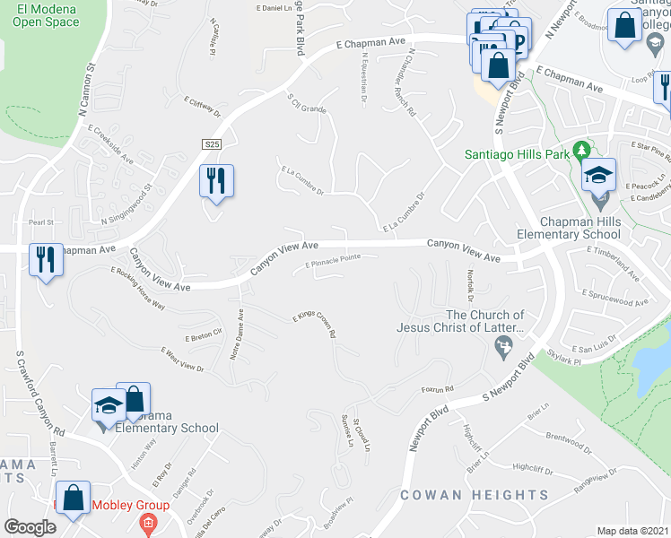 map of restaurants, bars, coffee shops, grocery stores, and more near 6901 East Pinnacle Pointe in Orange