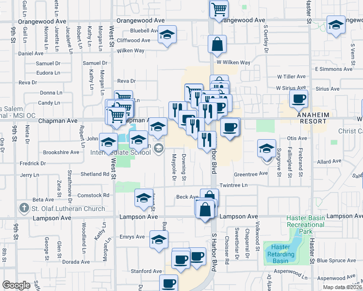 map of restaurants, bars, coffee shops, grocery stores, and more near 12311 Hampton Avenue in Garden Grove