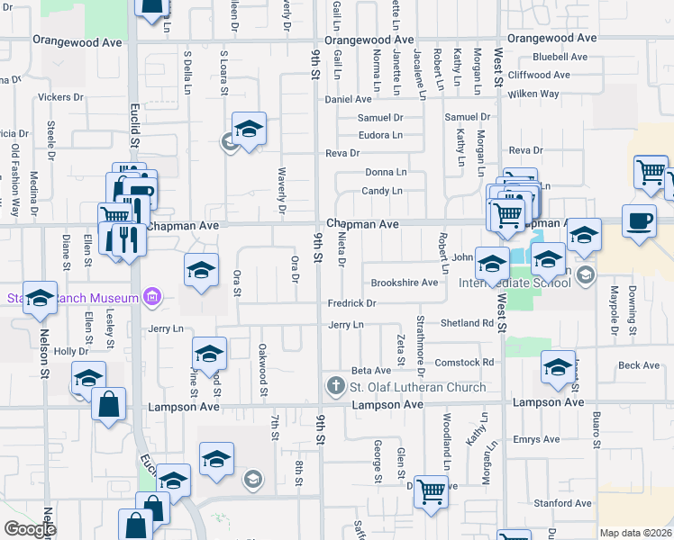 map of restaurants, bars, coffee shops, grocery stores, and more near 12081 Nieta Drive in Garden Grove