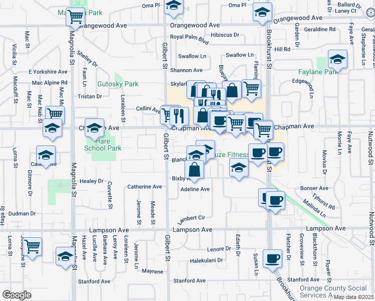 map of restaurants, bars, coffee shops, grocery stores, and more near 9581 Alwood Avenue in Garden Grove