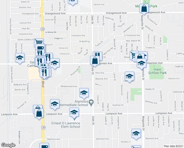 map of restaurants, bars, coffee shops, grocery stores, and more near 12082 Dale Street in Garden Grove