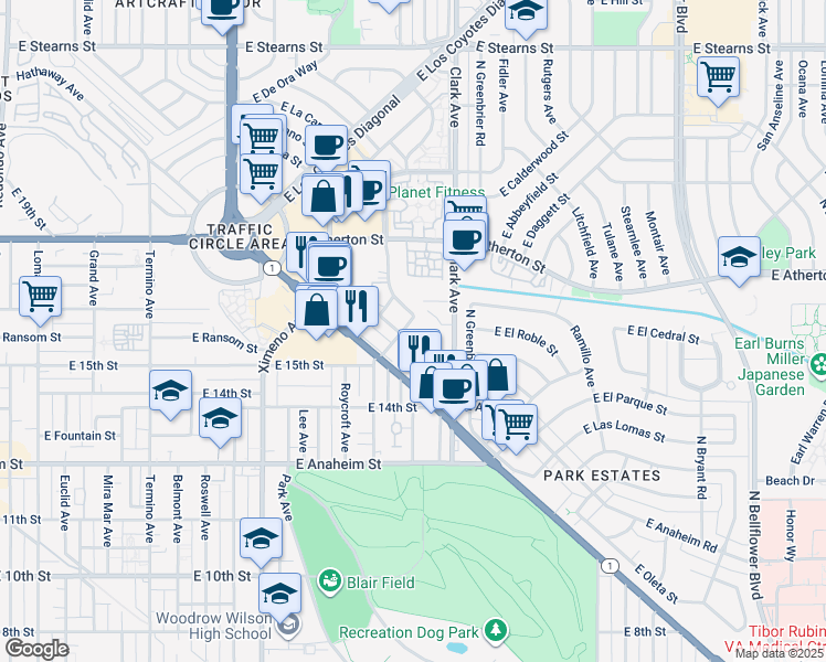 map of restaurants, bars, coffee shops, grocery stores, and more near 1610 Park Avenue in Long Beach