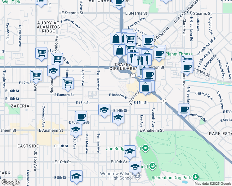 map of restaurants, bars, coffee shops, grocery stores, and more near 1617 Ximeno Avenue in Long Beach
