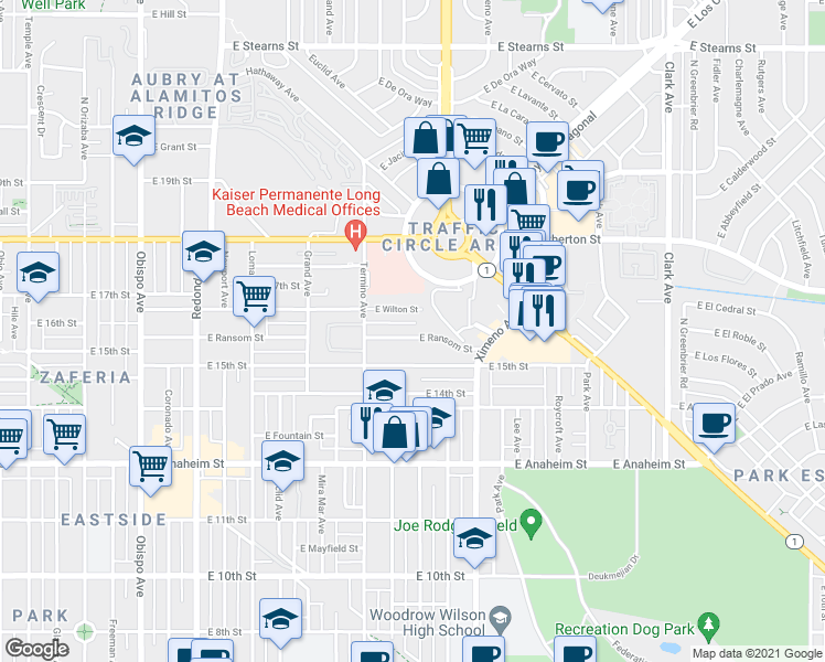 map of restaurants, bars, coffee shops, grocery stores, and more near 4118 East Wilton Street in Long Beach