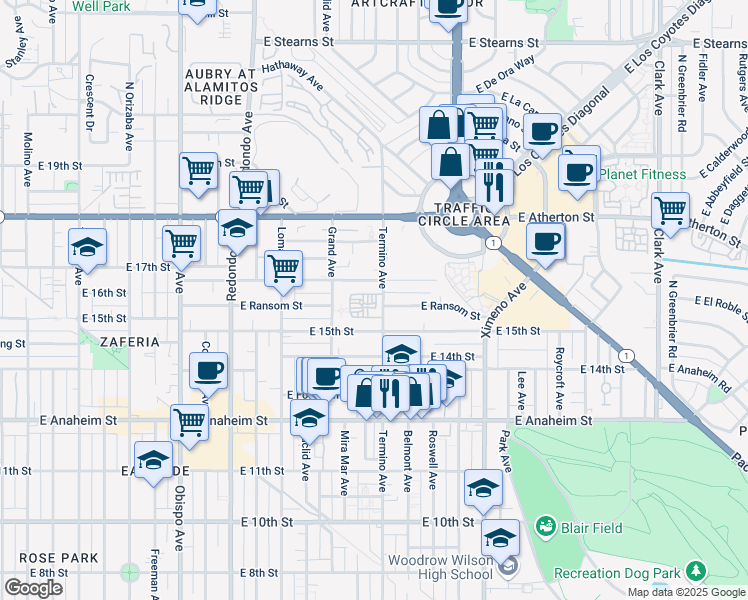 map of restaurants, bars, coffee shops, grocery stores, and more near 3936 East Wilton Street in Long Beach