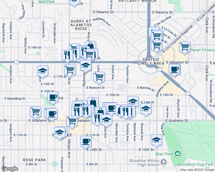 map of restaurants, bars, coffee shops, grocery stores, and more near 3701 East Ransom Street in Long Beach