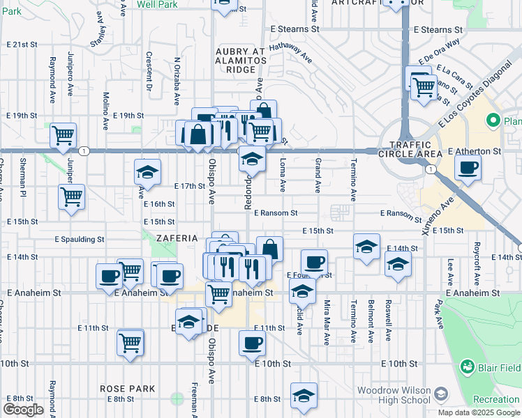 map of restaurants, bars, coffee shops, grocery stores, and more near 1650 Redondo Avenue in Long Beach