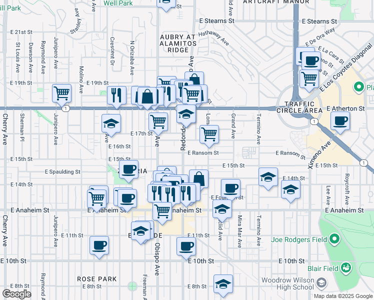 map of restaurants, bars, coffee shops, grocery stores, and more near 1650 Redondo Avenue in Long Beach