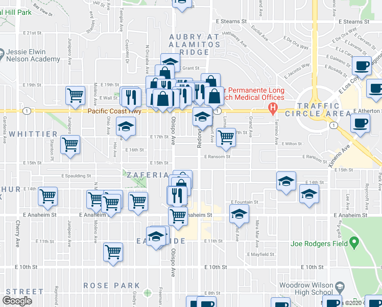 map of restaurants, bars, coffee shops, grocery stores, and more near 3244 East Wilton Street in Long Beach