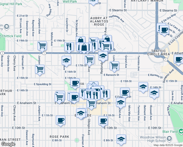 map of restaurants, bars, coffee shops, grocery stores, and more near 3244 East Wilton Street in Long Beach