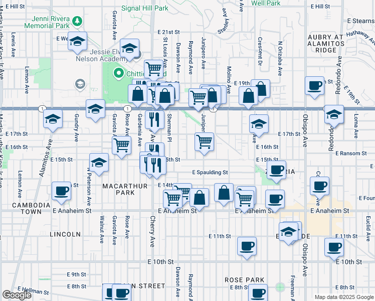 map of restaurants, bars, coffee shops, grocery stores, and more near 1625 Junipero Avenue in Long Beach