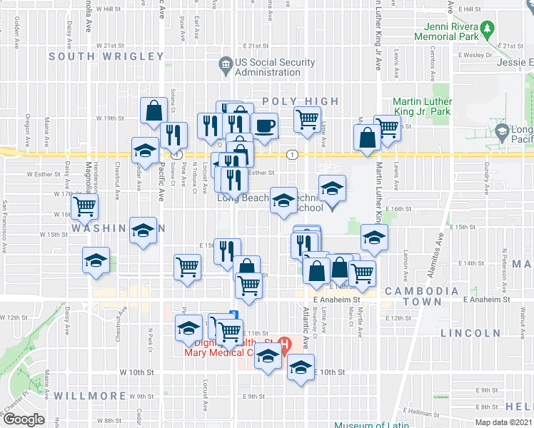 map of restaurants, bars, coffee shops, grocery stores, and more near 375 East 16th Street in Long Beach