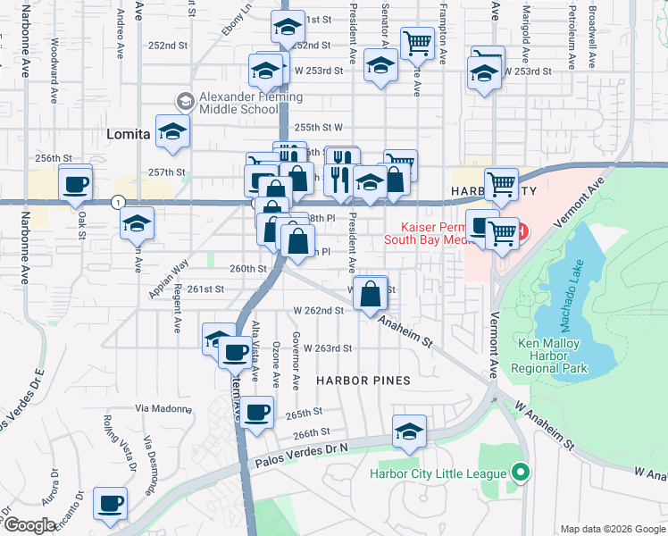 map of restaurants, bars, coffee shops, grocery stores, and more near 1618 259th Place in Los Angeles