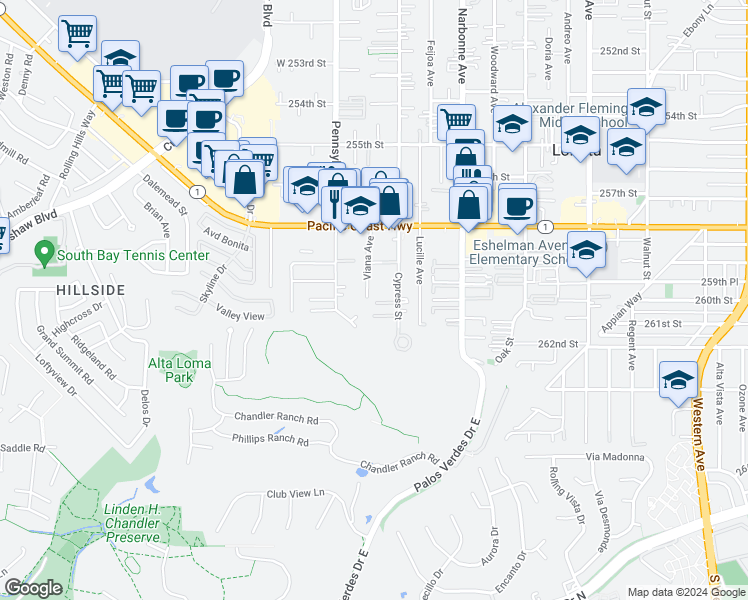 map of restaurants, bars, coffee shops, grocery stores, and more near 25917 Viana Avenue in Lomita