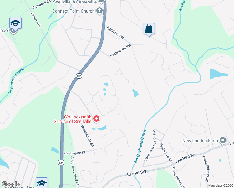 map of restaurants, bars, coffee shops, grocery stores, and more near Shoreside Circle Southwest in Snellville