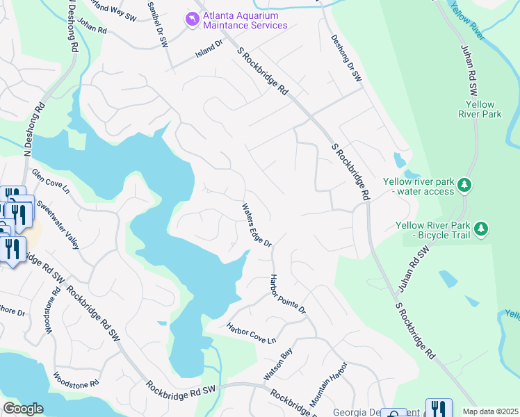 map of restaurants, bars, coffee shops, grocery stores, and more near 7435 Woodruff Way in Stone Mountain