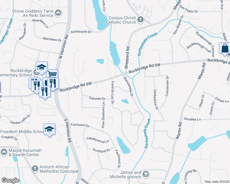 map of restaurants, bars, coffee shops, grocery stores, and more near 346 Fond Du Lac Drive in Stone Mountain
