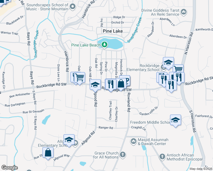 map of restaurants, bars, coffee shops, grocery stores, and more near 4571 Poplar Road in Pine Lake