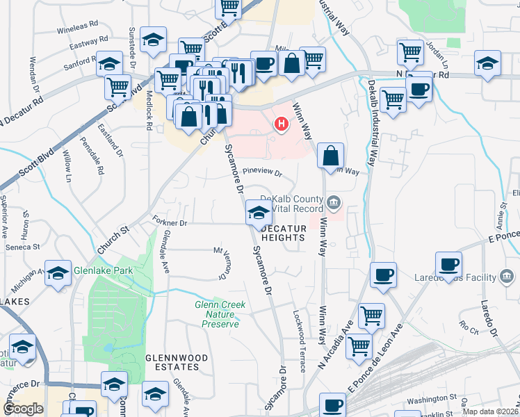 map of restaurants, bars, coffee shops, grocery stores, and more near 532 Bridlewood Circle in Decatur