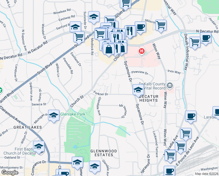 map of restaurants, bars, coffee shops, grocery stores, and more near 222 Forkner Drive in Decatur