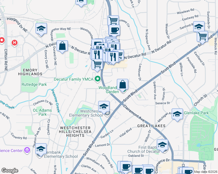 map of restaurants, bars, coffee shops, grocery stores, and more near 1115 Clairemont Avenue in Decatur