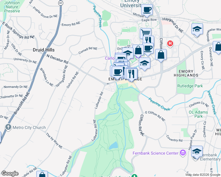 map of restaurants, bars, coffee shops, grocery stores, and more near in Druid Hills