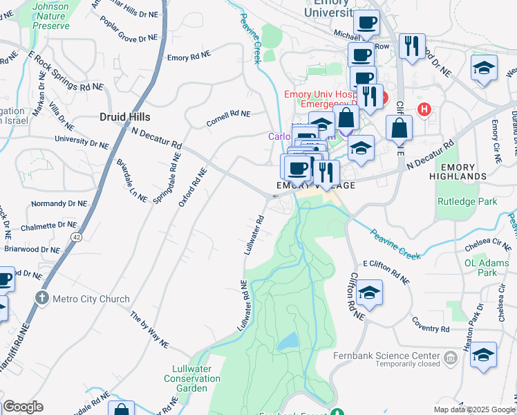 map of restaurants, bars, coffee shops, grocery stores, and more near 1176 Lullwater Road Northeast in Atlanta