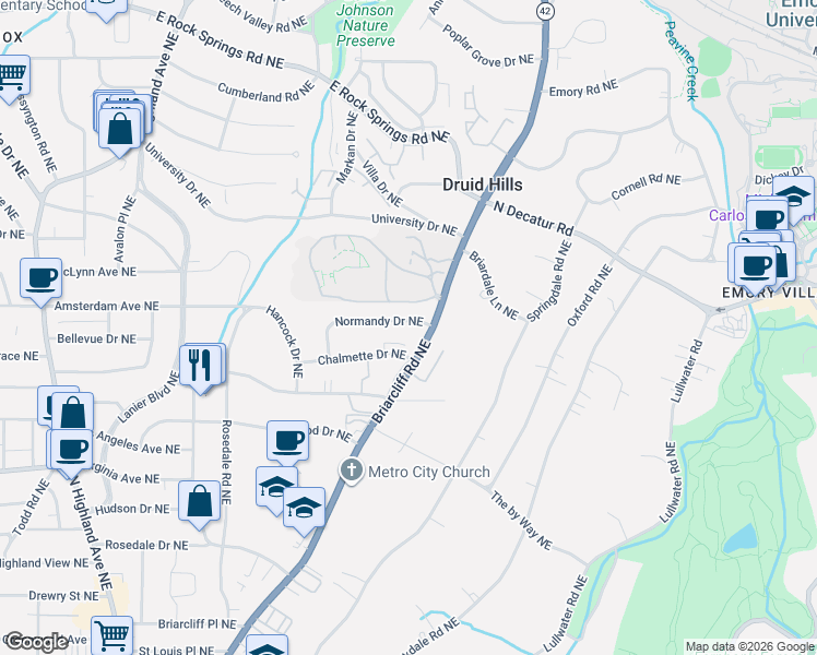 map of restaurants, bars, coffee shops, grocery stores, and more near 1188 Briarcliff Road Northeast in Atlanta