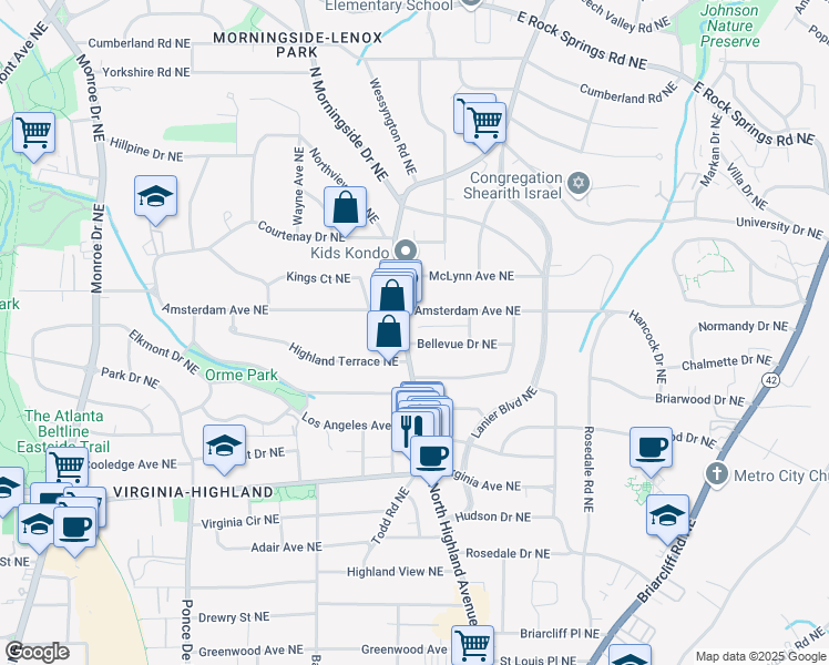 map of restaurants, bars, coffee shops, grocery stores, and more near 1196 North Highland Avenue Northeast in Atlanta