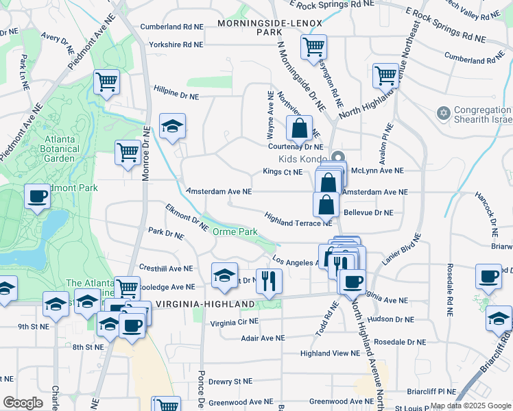 map of restaurants, bars, coffee shops, grocery stores, and more near 820 Highland Terrace Northeast in Atlanta