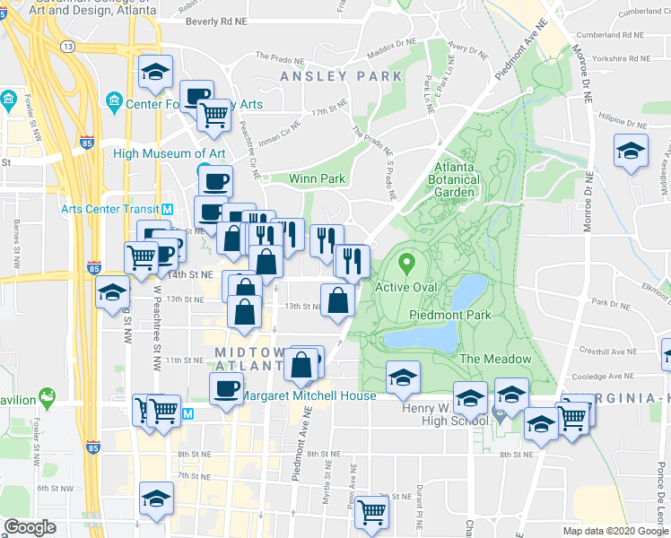 map of restaurants, bars, coffee shops, grocery stores, and more near 1200 14th Place Northeast in Atlanta