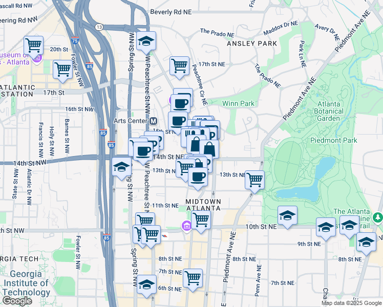map of restaurants, bars, coffee shops, grocery stores, and more near 1200 Peachtree Street Northeast in Atlanta