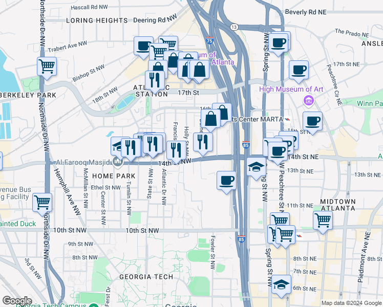 map of restaurants, bars, coffee shops, grocery stores, and more near 1196 Holly Street Northwest in Atlanta