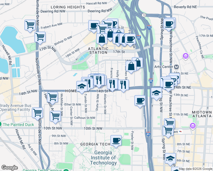 map of restaurants, bars, coffee shops, grocery stores, and more near 1195 Atlantic Drive in Atlanta