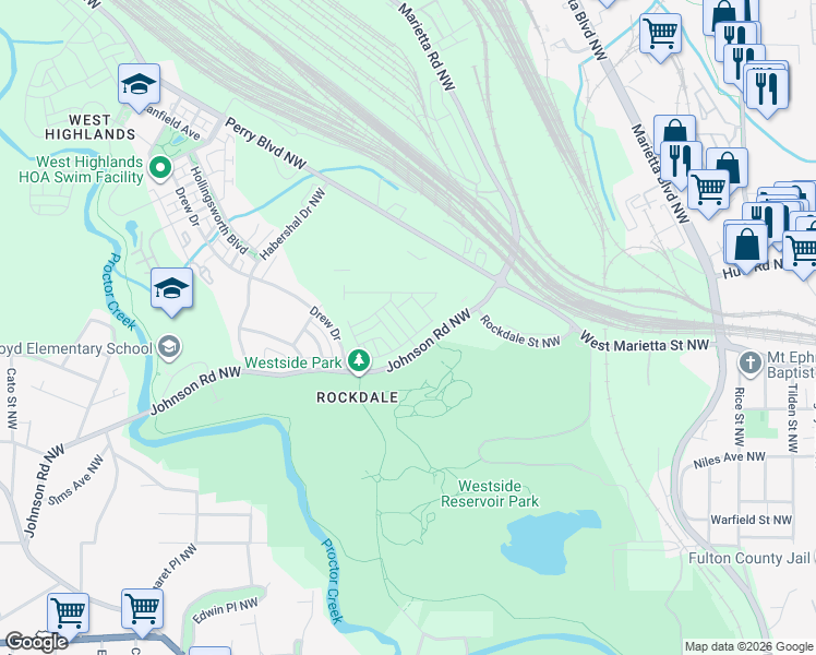 map of restaurants, bars, coffee shops, grocery stores, and more near 1101-1199 Johnson Road Northwest in Atlanta