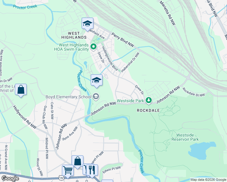 map of restaurants, bars, coffee shops, grocery stores, and more near 1548 Habershal Drive Northwest in Atlanta