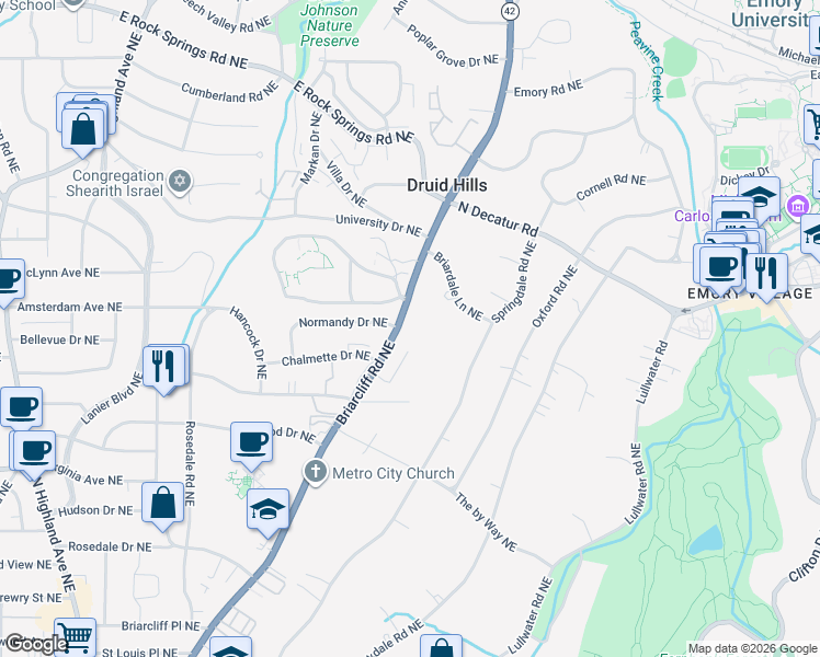 map of restaurants, bars, coffee shops, grocery stores, and more near 1166 Springdale Road Northeast in Atlanta