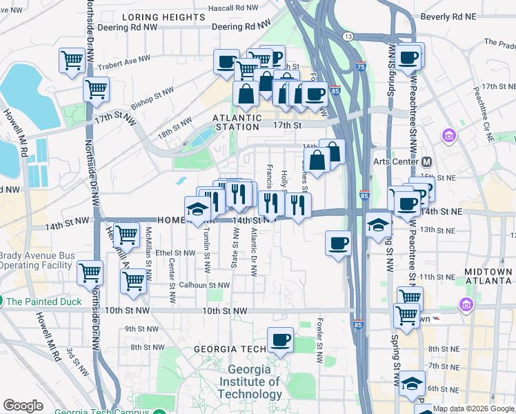 map of restaurants, bars, coffee shops, grocery stores, and more near 1195 Atlantic Drive in Atlanta
